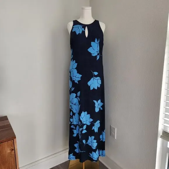 Tommy Bahama Navy Blue Tropical Floral Sleeveless Maxi Dress Keyhole L - Picture 1 of 9
